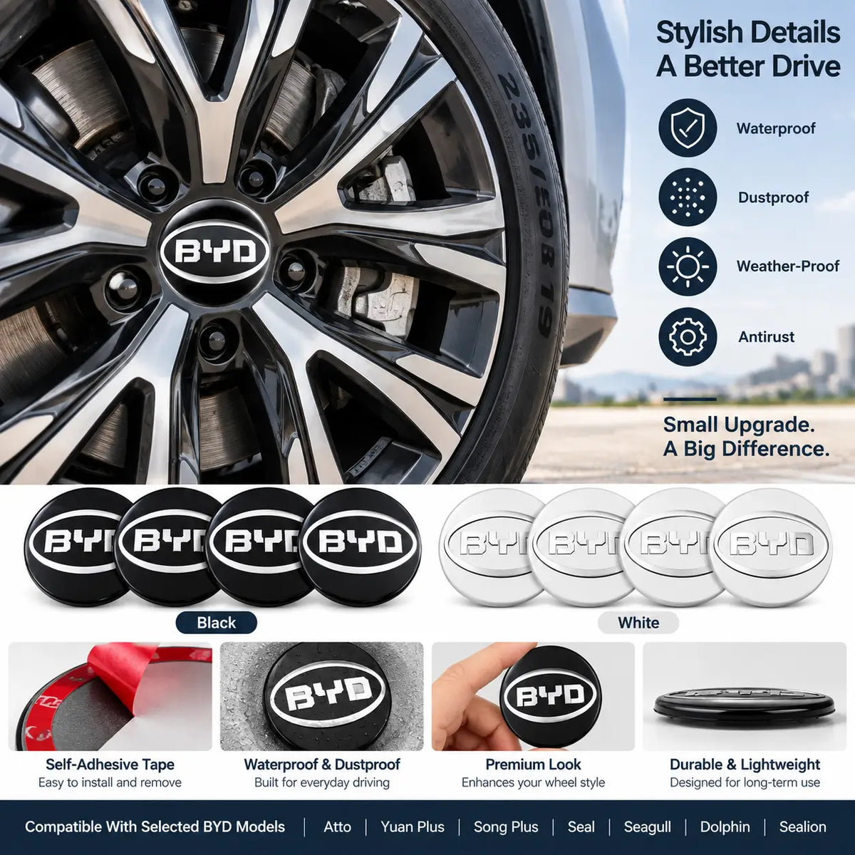 4PCS BYD Wheel Center Hub Caps Covers Black and White for Atto Yuan Plus Song Plus Seal Seagull Dolphin Sealion