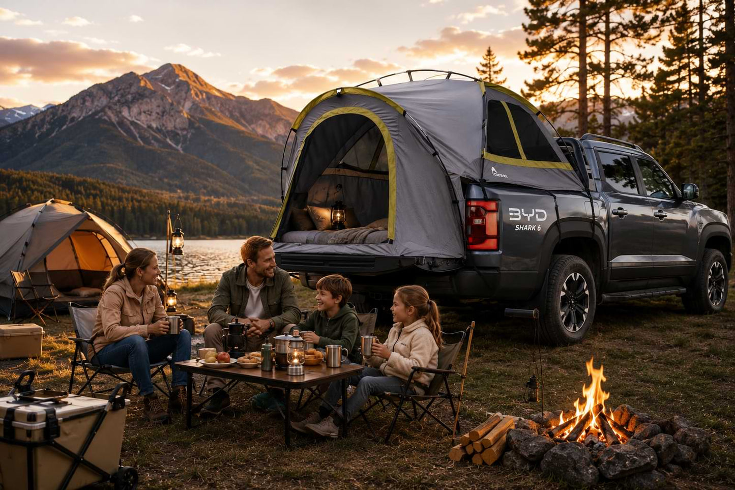 BYD Shark 6 pickup truck with rear tub camping tent beside a lake during outdoor camping