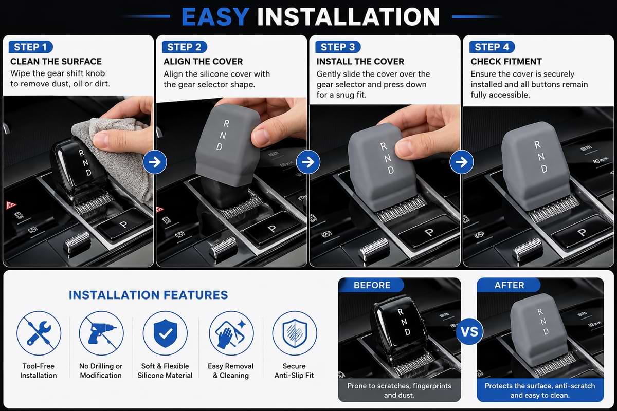 Step-by-step guide for installing a car gear shift cover with before and after images BYD seal