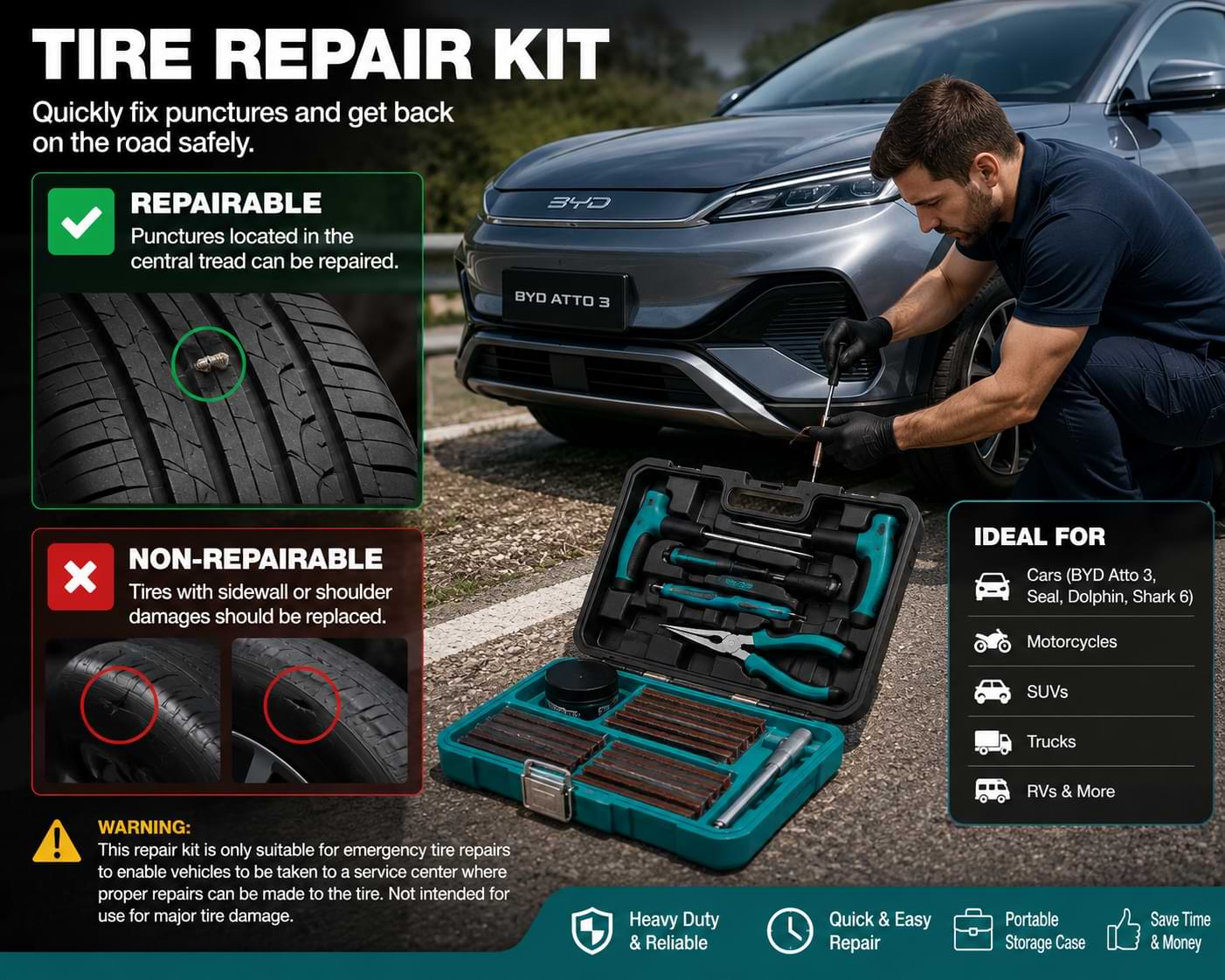 Driver using a BYD 78PCS tire repair kit to repair a punctured tire on a BYD Atto 3, showing step-by-step roadside tire repair and emergency tire maintenance.