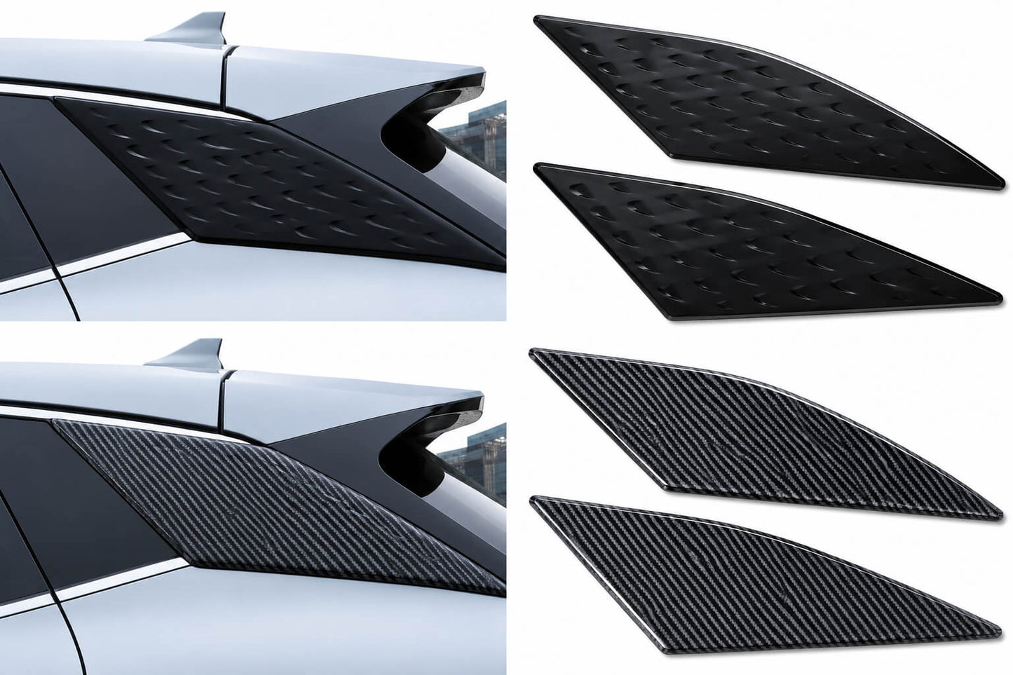 Comparison of black and carbon fiber rear window triangle shutters installed on a BYD Atto 3, showing two finish options for the rear quarter window trim.