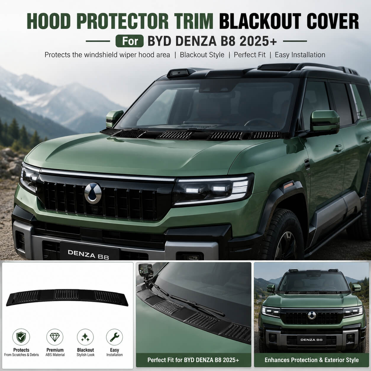 BYD Denza B8 2025+ Hood Protector Trim Blackout Cover Installed