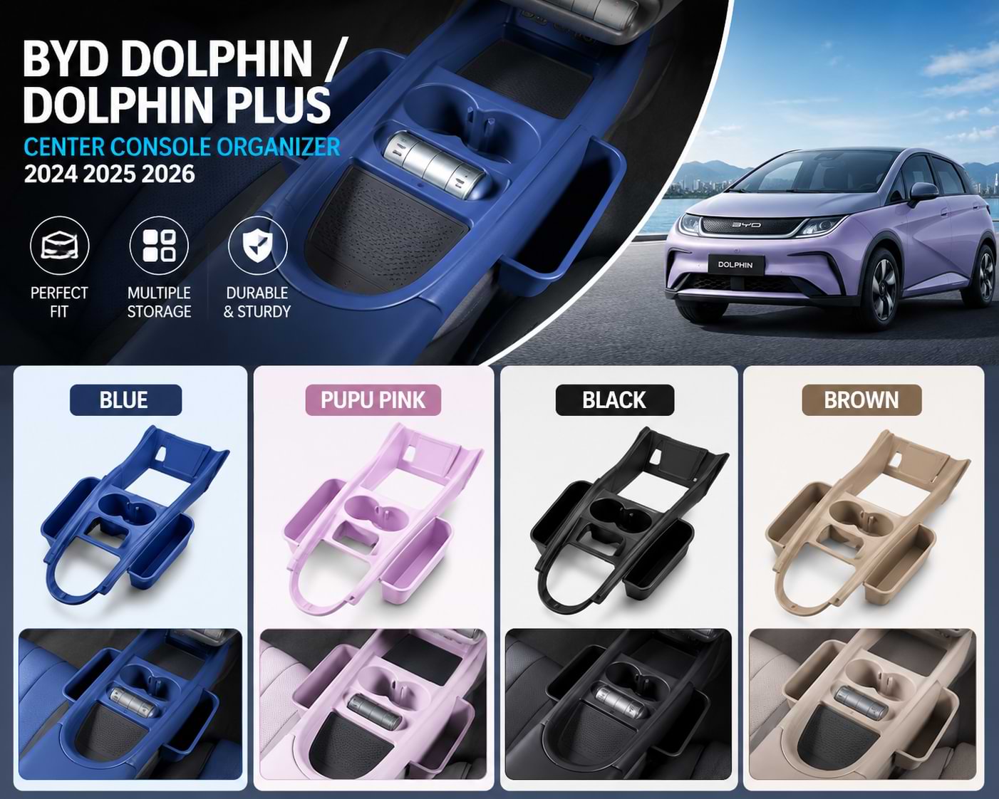 BYD Dolphin & Dolphin Plus Center Console Organizer Tray in Blue, Pupu Pink, Black and Brown for 2021-2026