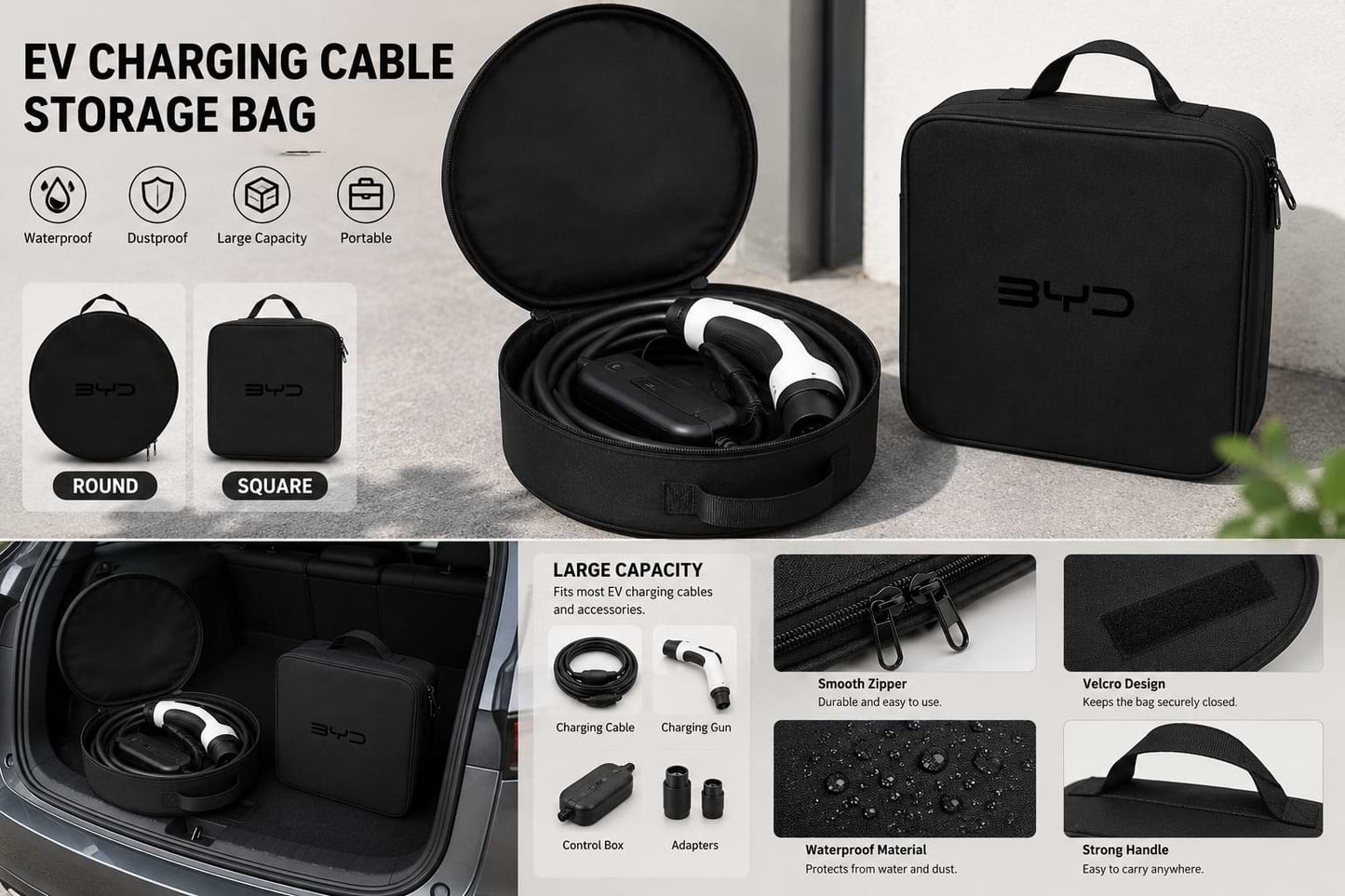 Black square byd ev charging cable storage bag with carry handle and zipper closure