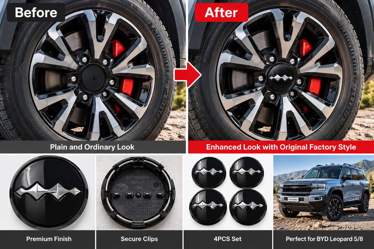 BYD Leopard 5 and Leopard 8 wheel center caps before and after installation