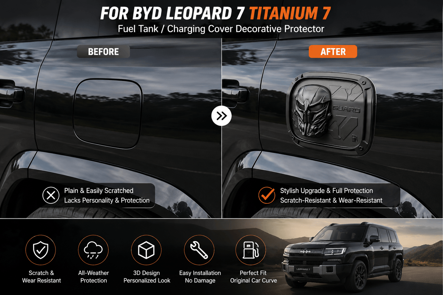 BYD Leopard 7 Titanium 7 fuel charging cover protector before and after installation