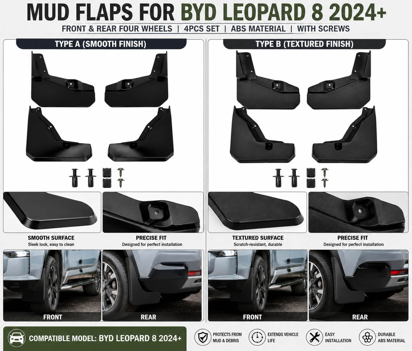 BYD Leopard 8 2024+ Mud Flaps 2 Types Smooth and Textured 4PCS