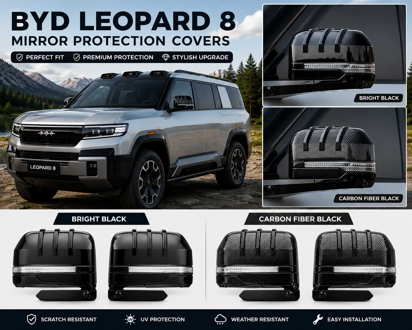 BYD Leopard 8 2024-2025 rearview mirror protection cover comparison showing Bright Black and Carbon Fiber Black ABS mirror covers installed on the vehicle.