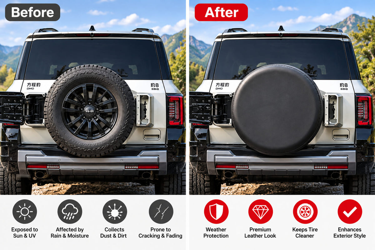 BYD Leopard 8 before and after with leather spare tire cover installed