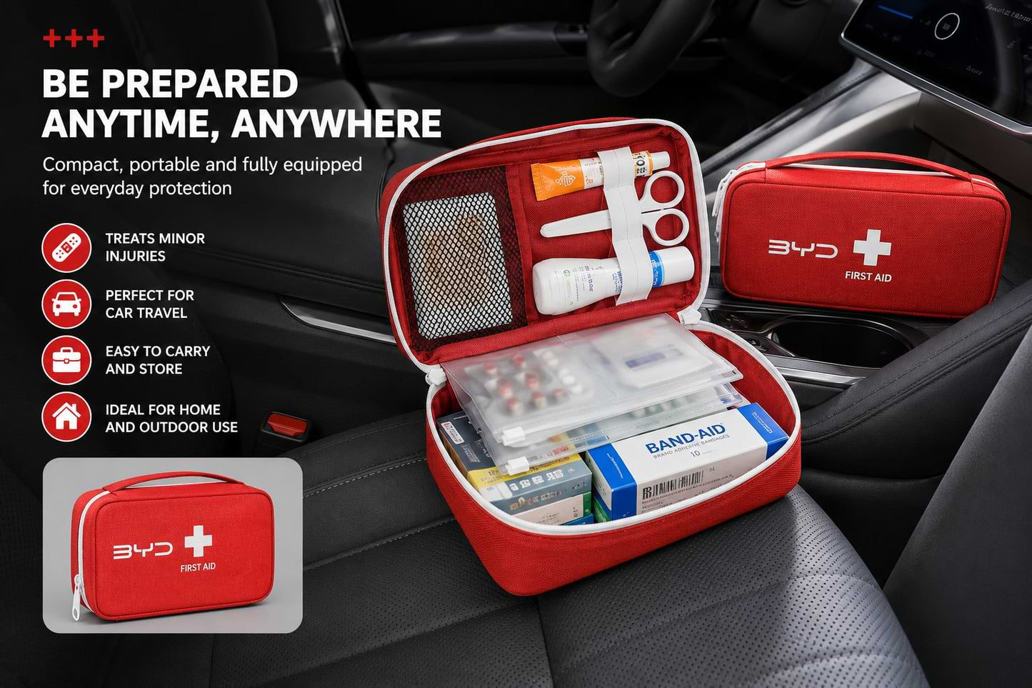 BYD portable first aid medical storage bag placed inside a BYD car interior showing organized emergency medical supplies for daily driving, road trips, and family travel.