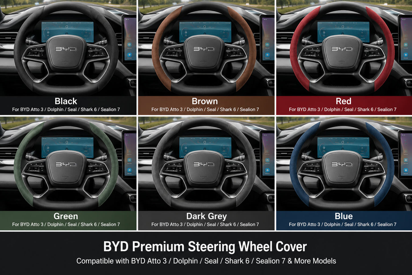 BYD Premium Segmented Suede Steering Wheel Cover 6 Color Options for Atto 3 Dolphin Seal Shark 6 Sealion 7