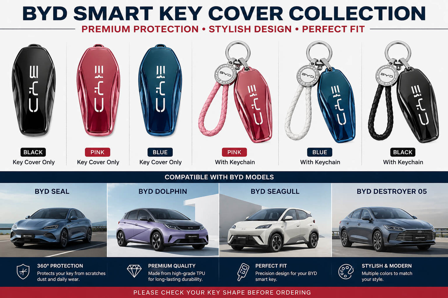 BYD smart key cover collection for Seal, Dolphin, Seagull and Destroyer 05 in black, blue and pink