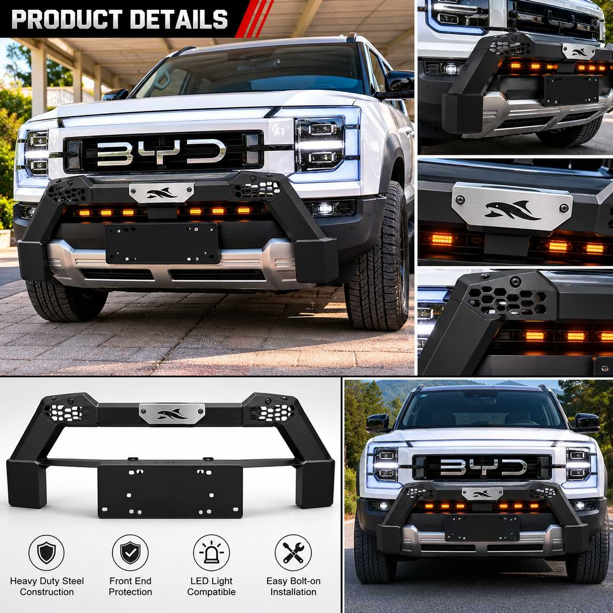 BYD Shark 6 pickup truck fitted with heavy-duty front bull bar and integrated LED light bar
