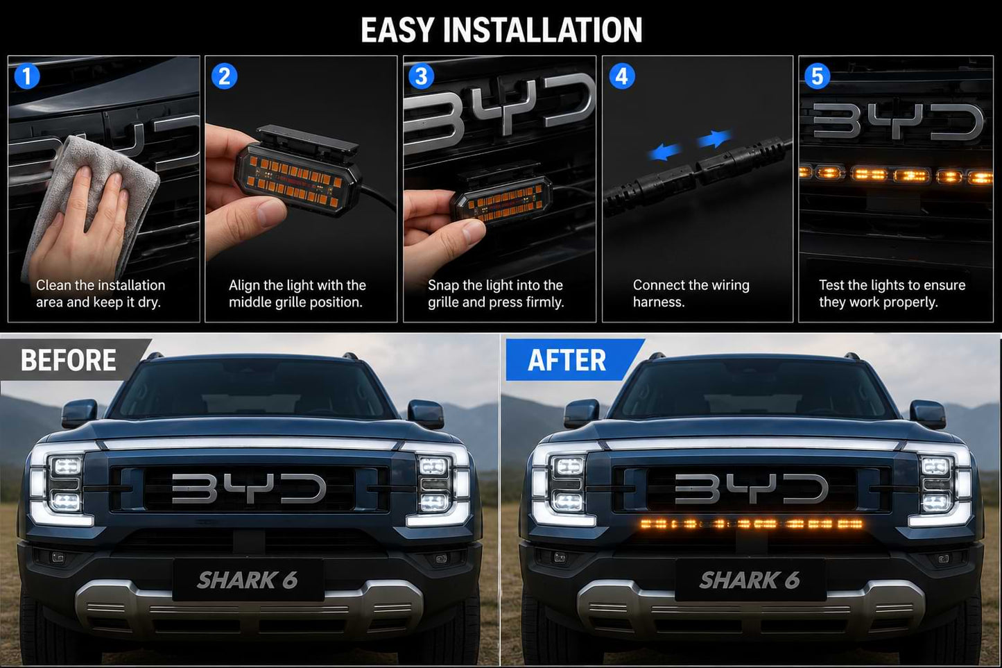 BYD Shark 6 LED grille light installation steps with before and after front grille lighting comparison