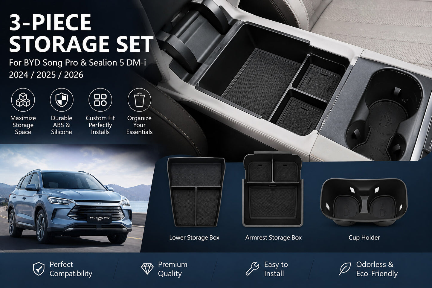 BYD Song Pro Sealion 5 DM-i 3-piece interior storage set with armrest box and cup holder