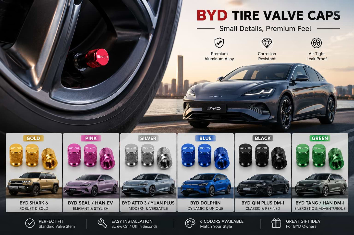 BYD Tire Valve Caps in 6 Colors for Shark 6, Seal, Atto 3, Dolphin, Han EV and Qin Plus DM-i