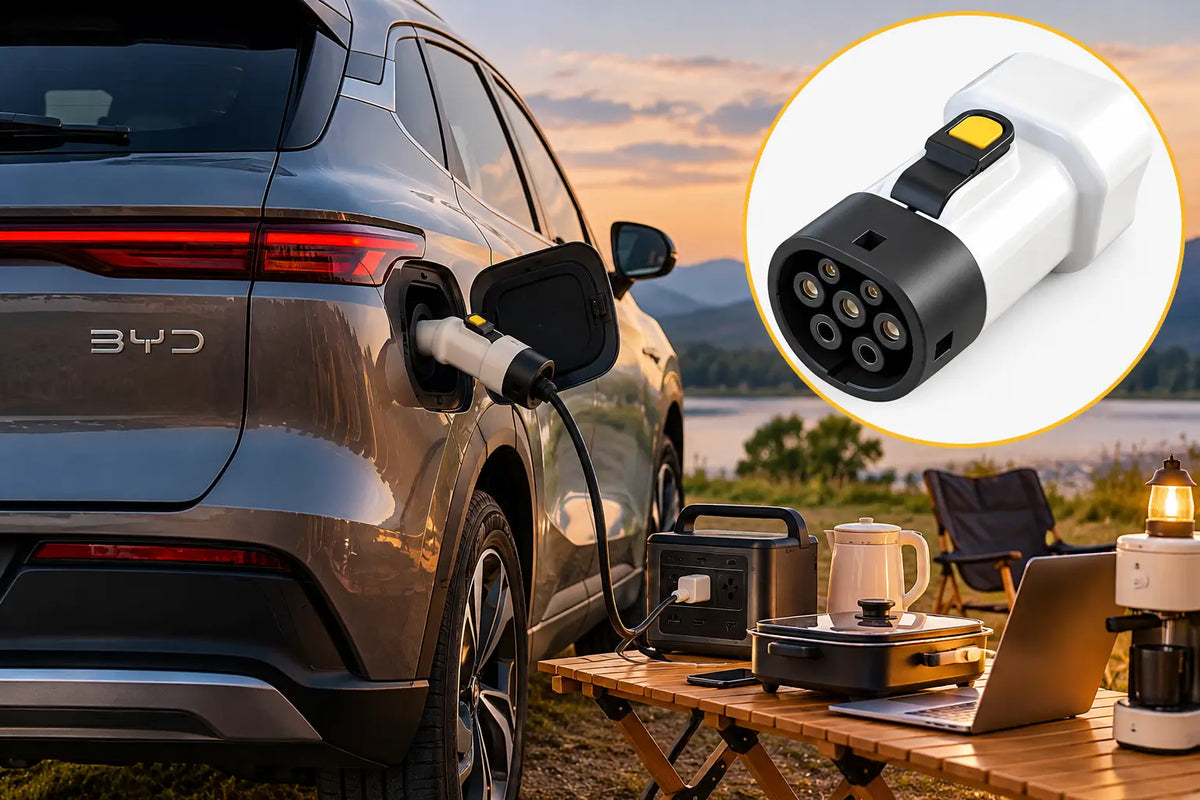 BYD EV using Type 2 V2L discharger adapter for portable power