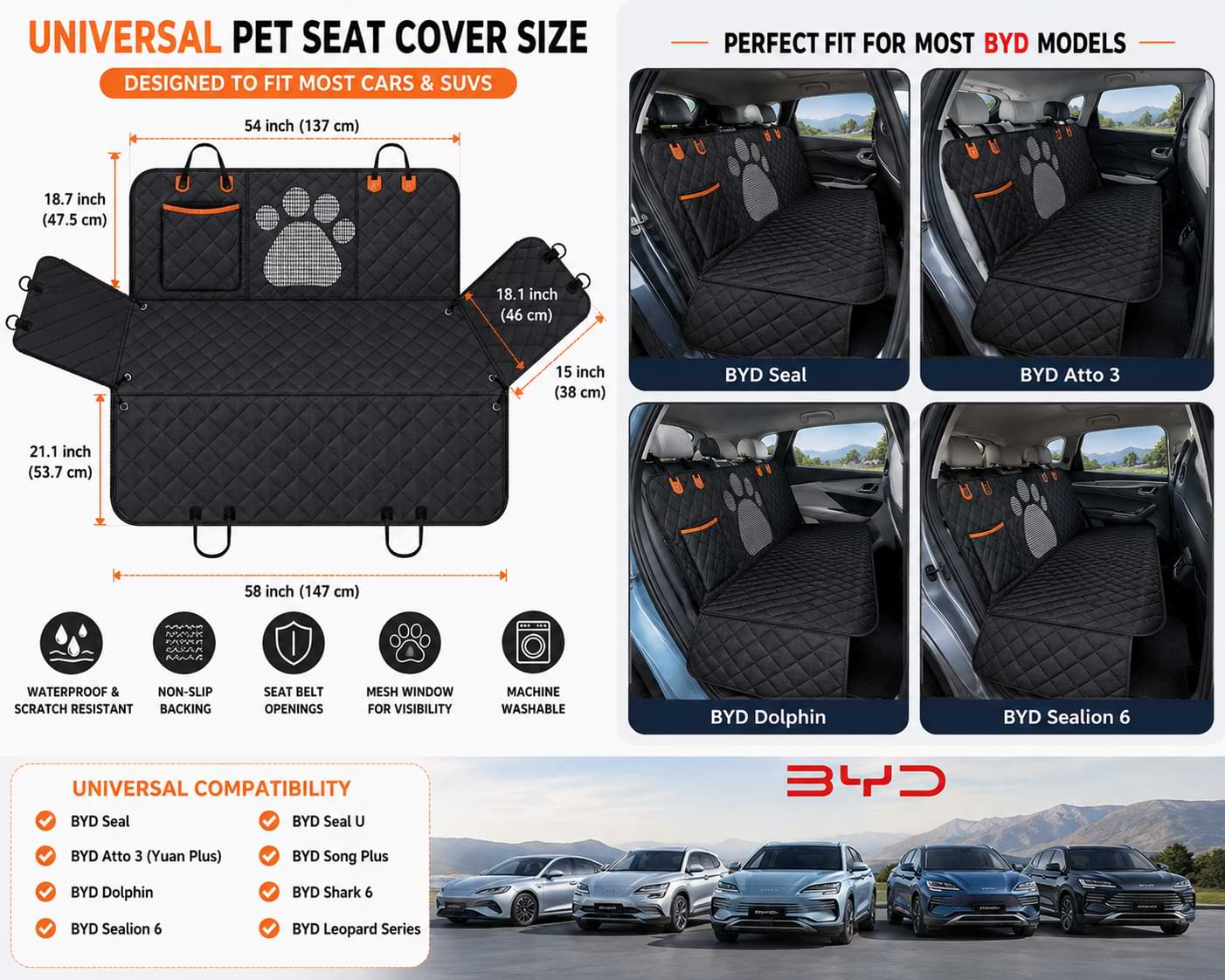 BYD Universal Dog Travel Seat Cover with Breathable Mesh Window (100% Waterproof)