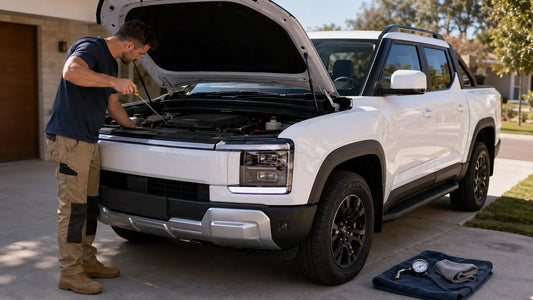 White 2025 BYD Shark 6 dual-cab ute parked on a suburban driveway with bonnet open while a male owner checks the engine oil dipstick beside tyre gauge and microfibre cloth.