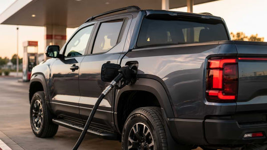 Dark grey 2025 BYD Shark 6 refueling at modern Australian fuel station during sunset