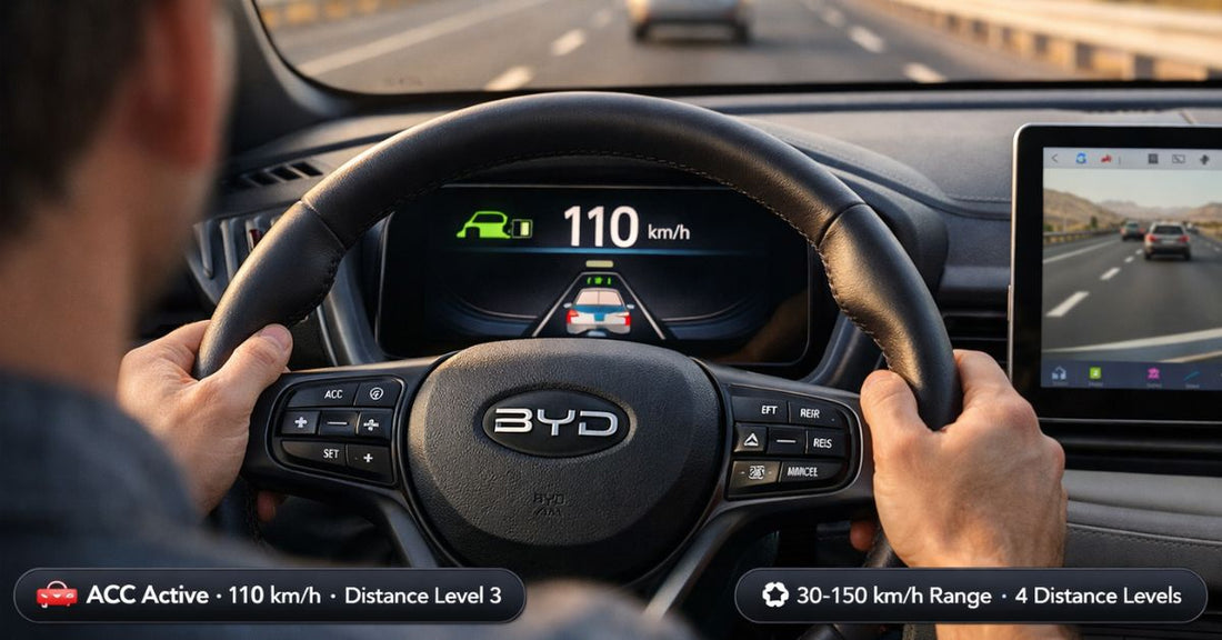 BYD Atto 3 driver using adaptive cruise control on highway with ACC active icon on instrument cluster and steering wheel controls visible