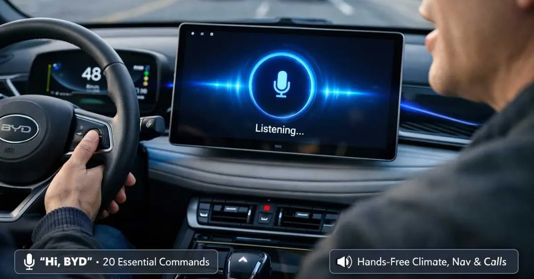 Driver using Hi BYD voice control command inside BYD Atto 3 with voice assistant waveform active on infotainment touchscreen