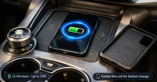 Smartphone charging on BYD Atto 3 built-in Qi wireless charging pad located on centre console with charging indicator visible