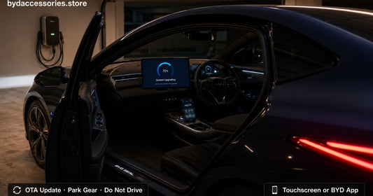 BYD Seal infotainment touchscreen showing OTA software update progress at 72% in home garage with BYD App notification on phone