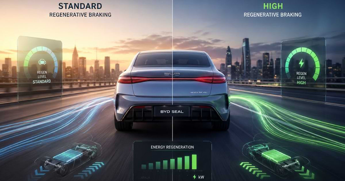 BYD Seal showing standard vs high regenerative braking modes with energy flow visualization and dashboard indicators