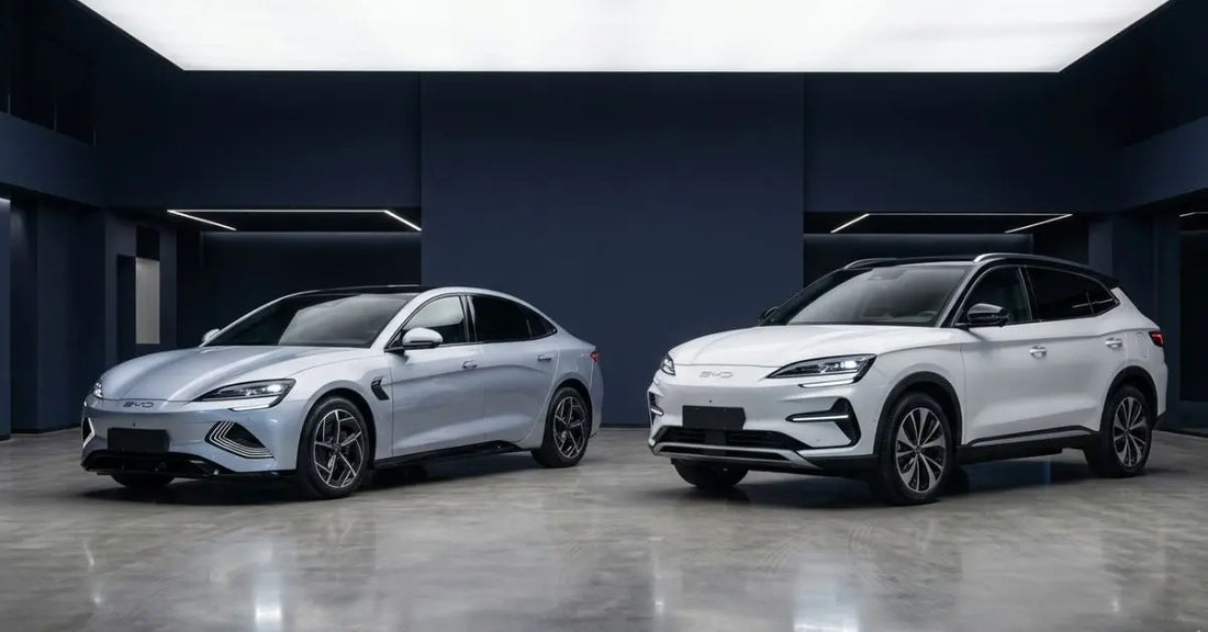 sleek BYD Seal silver electric sedan and a BYD Sealion 7 white electric SUV