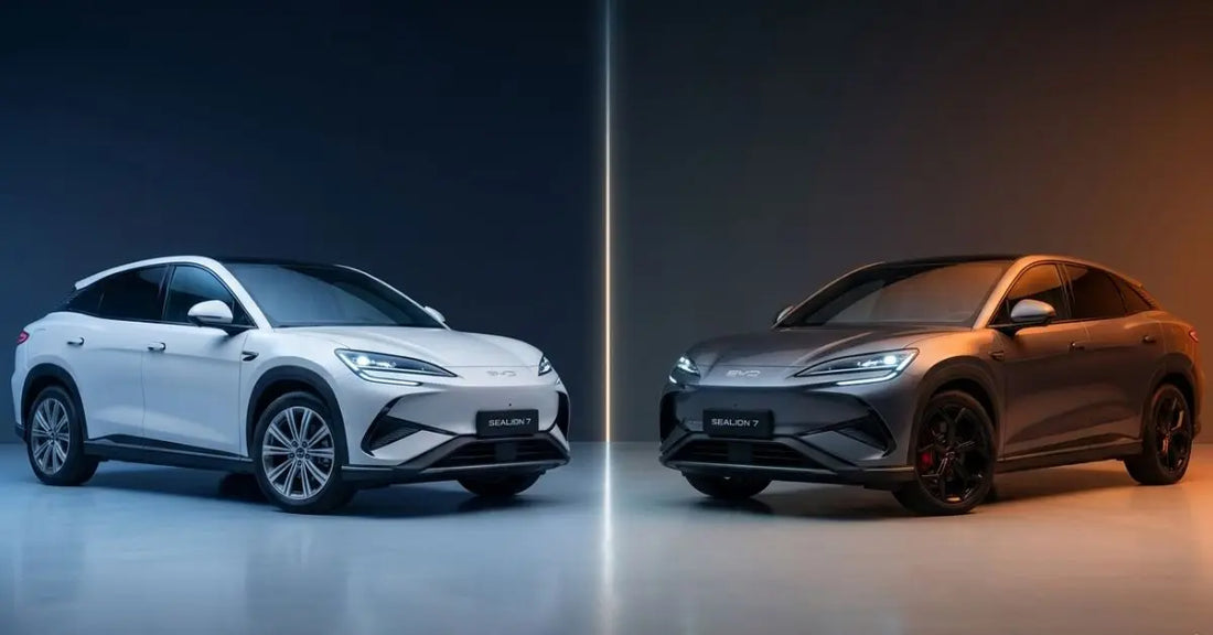 BYD Sealion 7 Premium vs Performance 2026 comparison — white RWD and dark grey AWD electric SUV side by side
