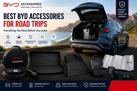 BYD vehicle equipped with road trip accessories including phone mount, dash cam, roof storage, cooler and travel essentials on a scenic highway