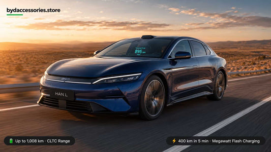 BYD Han L long-range electric sedan cruising an open highway at golden hour, illustrating BYD's 1000 km range flagship