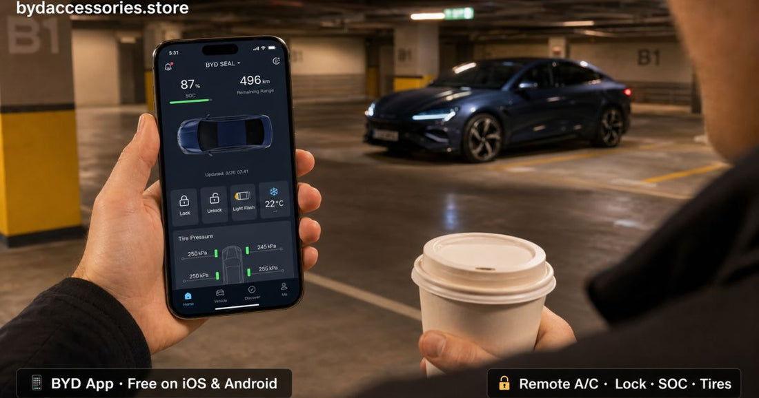 Hand holding smartphone showing BYD App with 87% SOC and remote A/C controls with BYD Seal visible in background car park