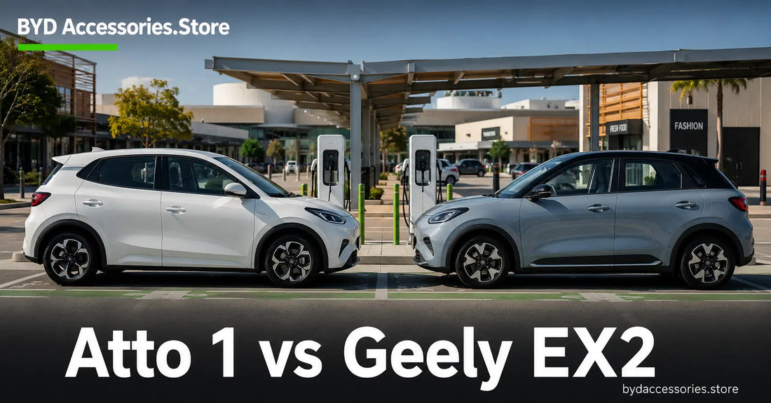Two compact electric hatchbacks side by side representing the BYD Atto 1 and Geely EX2 budget EV comparison