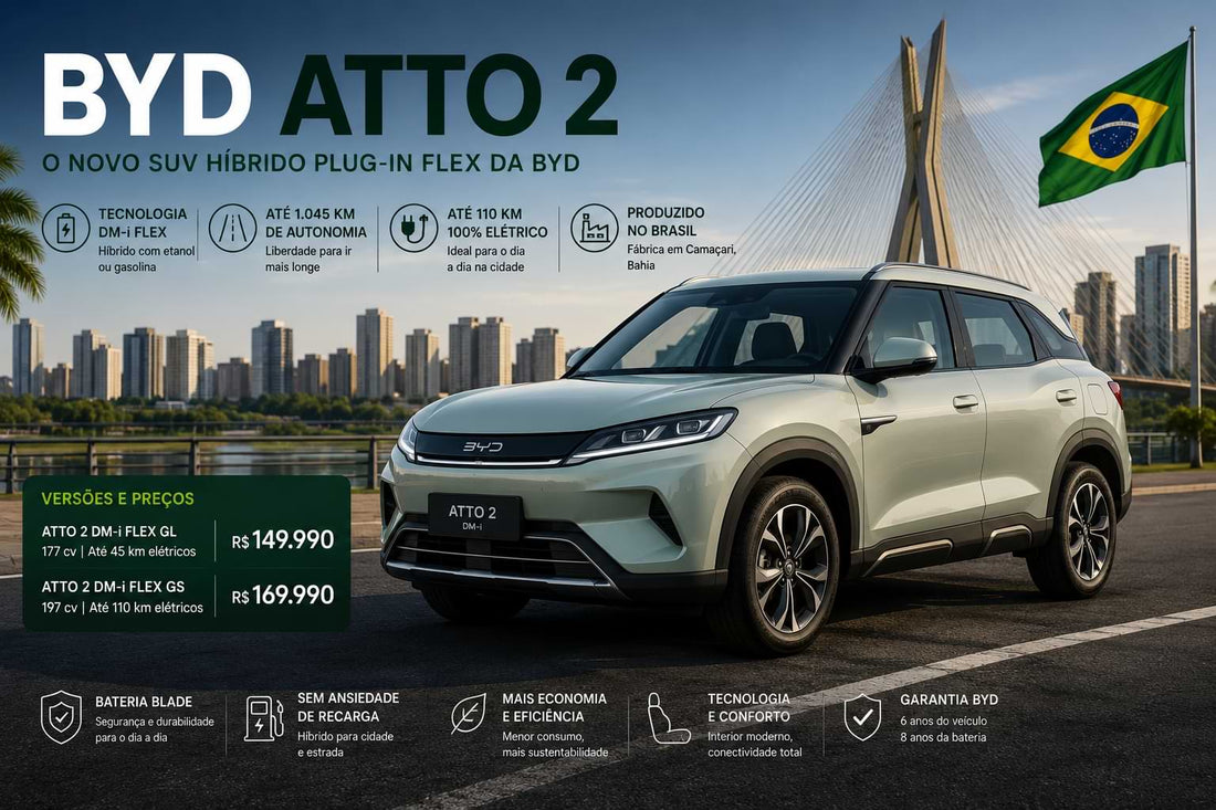BYD Atto 2 DM-i Flex SUV parked in a modern Brazilian city environment showcasing hybrid technology and long driving range.