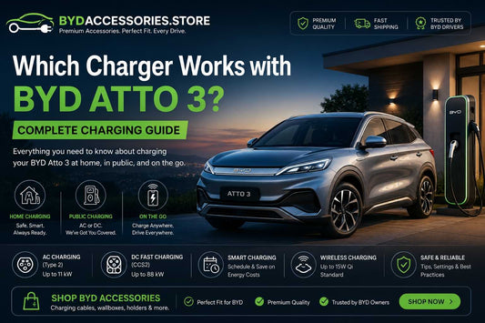 BYD Atto 3 charging guide showing Type 2 AC charging, CCS2 DC fast charging, home wallbox charging, and public EV charging compatibility