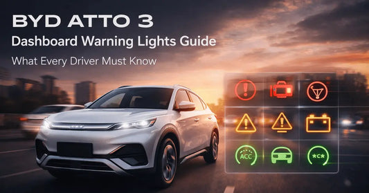 BYD Atto 3 electric SUV driving at sunset with dashboard warning lights icons displayed, guide to dashboard symbols and meanings