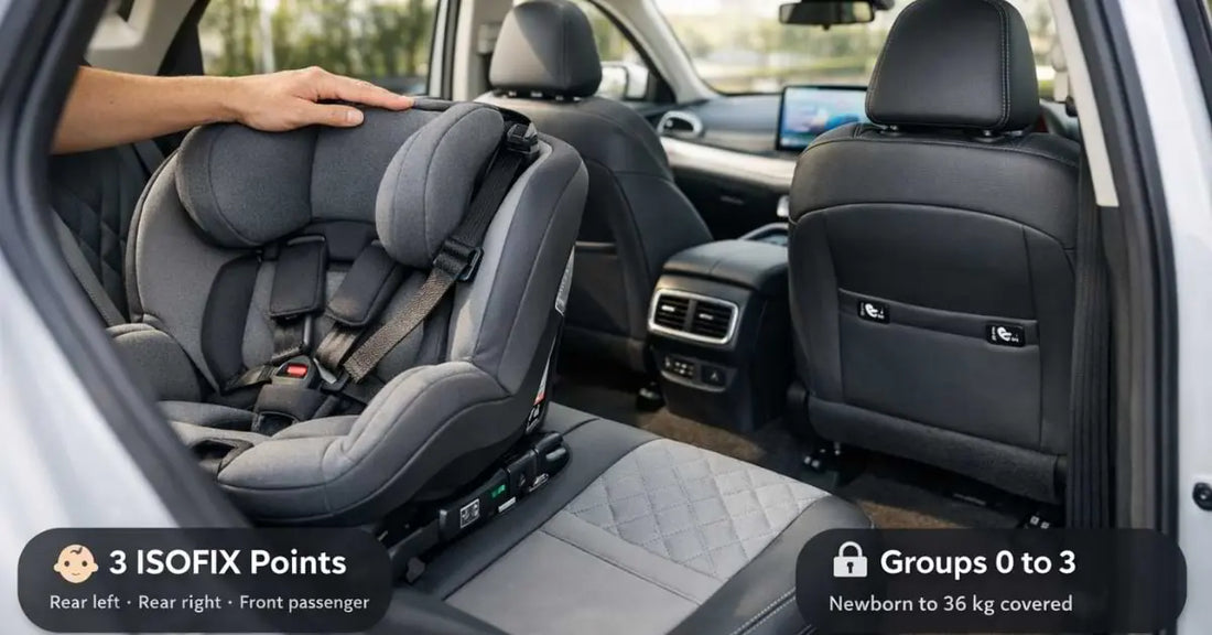 BYD Atto 3 rear interior showing ISOFIX child seat installed on rear outboard seat with top tether secured and parent checking installation