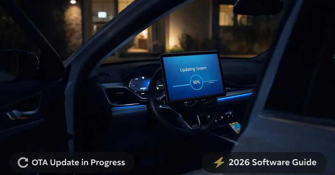 BYD Atto 3 infotainment touchscreen showing OTA software update progress bar during nighttime installation in home driveway