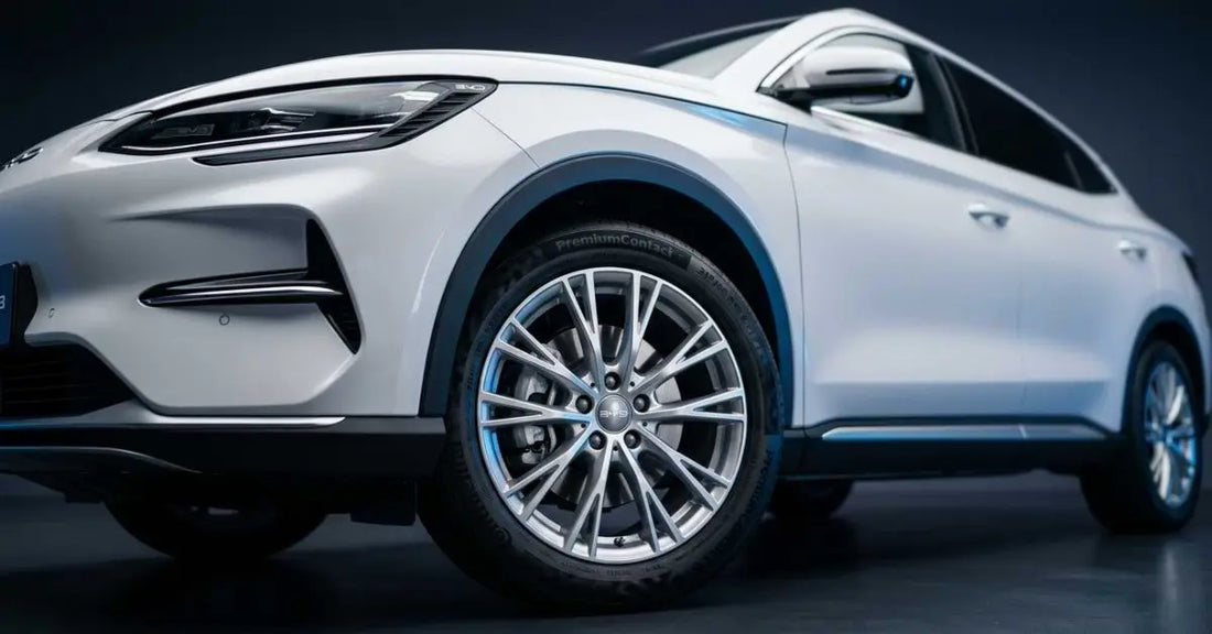 BYD Atto 3 front wheel and 215/55 R18 tyre close-up showing factory alloy rim and sidewall specifications