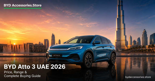 BYD Atto 3 Surf Blue electric SUV parked near Burj Khalifa in Dubai at sunset for the 2026 UAE buying guide