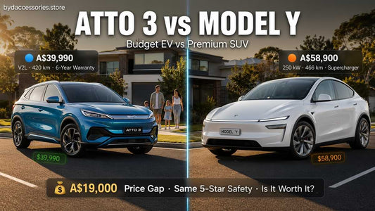 BYD Atto 3 at $39,990 and Tesla Model Y at $58,900 facing each other on Australian suburban street showing size difference and $19,000 price gap