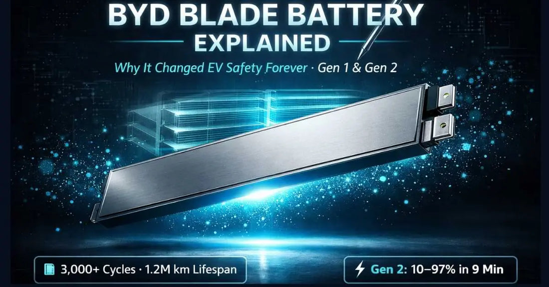 BYD Blade Battery cell with X-ray view showing internal electrode structure and nail penetration test reference for EV safety