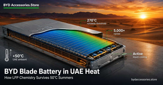 BYD Blade Battery cutaway illustration showing LFP cells, active liquid cooling, and thermal management in 50°C UAE desert conditions.