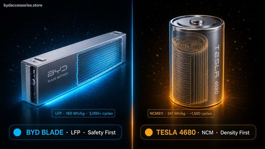 BYD Blade prismatic LFP battery cell and Tesla 4680 cylindrical NCM811 cell side by side with energy density and cycle life data