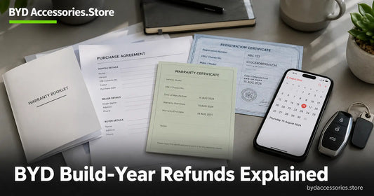 Vehicle purchase paperwork and warranty booklet laid out for checking a BYD build year and refund eligibility