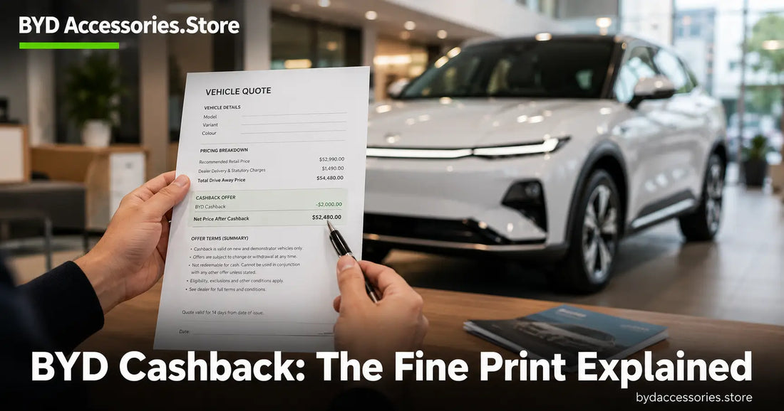 Buyer reviewing a quote in a showroom while checking BYD cashback eligibility fine print