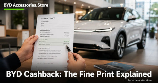 Buyer reviewing a quote in a showroom while checking BYD cashback eligibility fine print