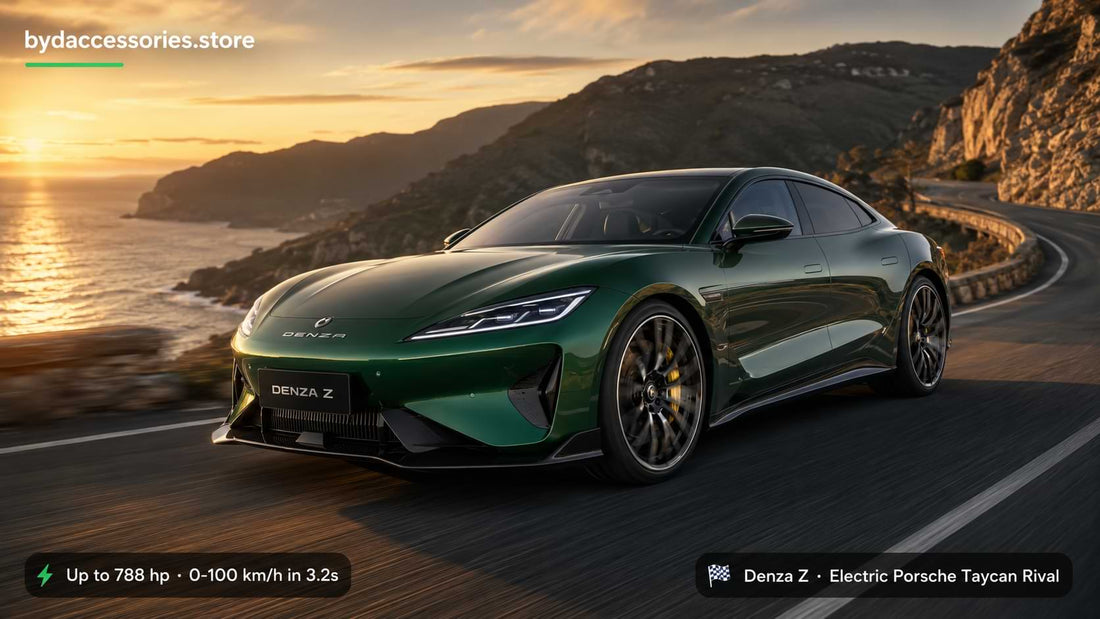 BYD Denza Z electric sports car in emerald green on a coastal mountain road, a 788 hp fastback rivalling the Porsche Taycan